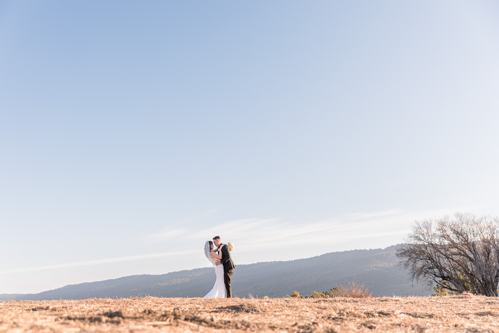 clean wide landscape photo with bride and groom