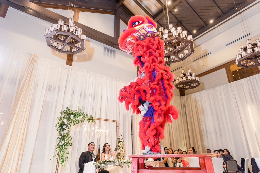 epic lion dance photo at wedding banquet