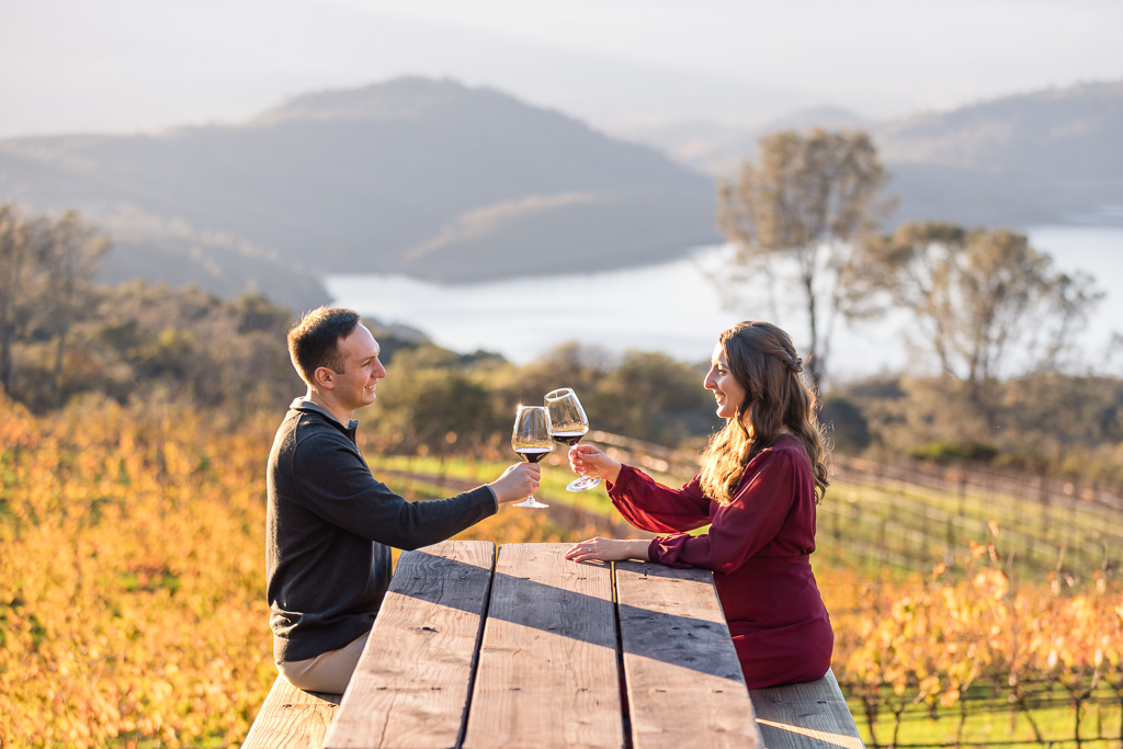 stock photo of couple sitting at a wooden table clinking wine glasses
