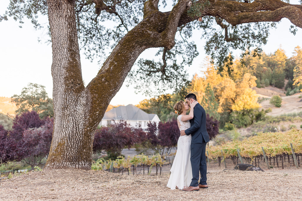 kissing photo under giant oak tree