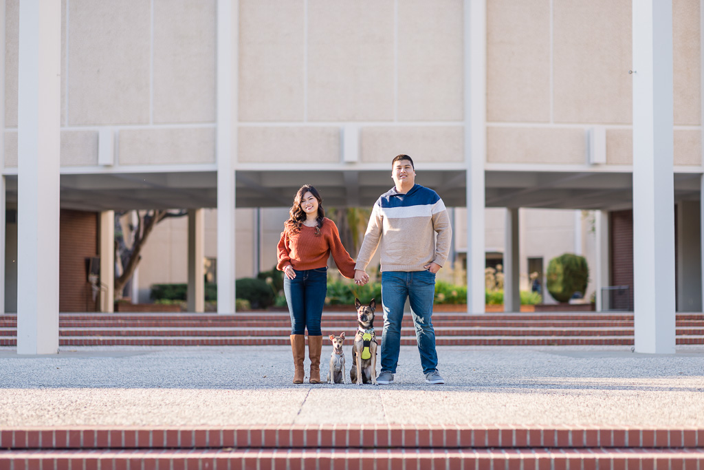Cal State East Bay campus engagement session with dogs