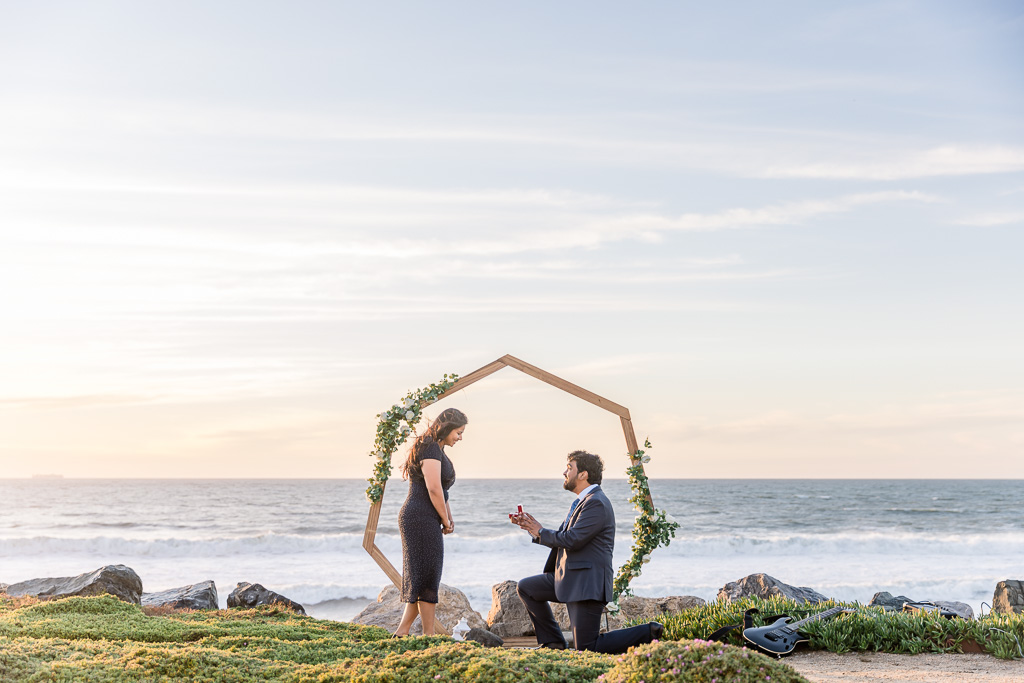 beautiful Pacifica coastline sunset surprise proposal with ocean in background