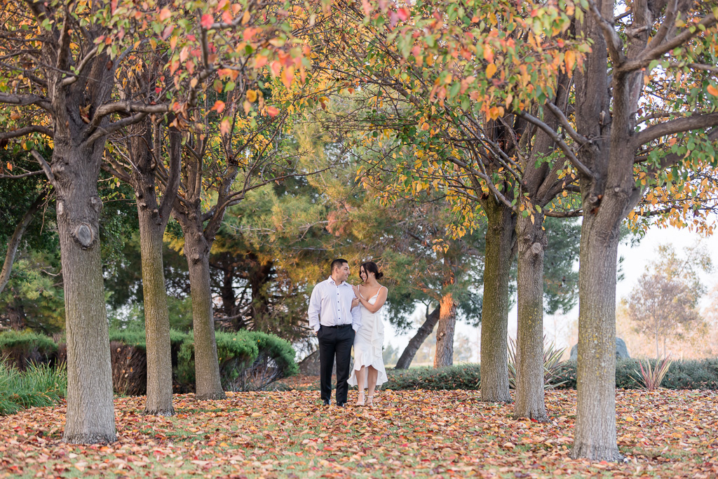orange fall leaves in engagement photos in San Jose