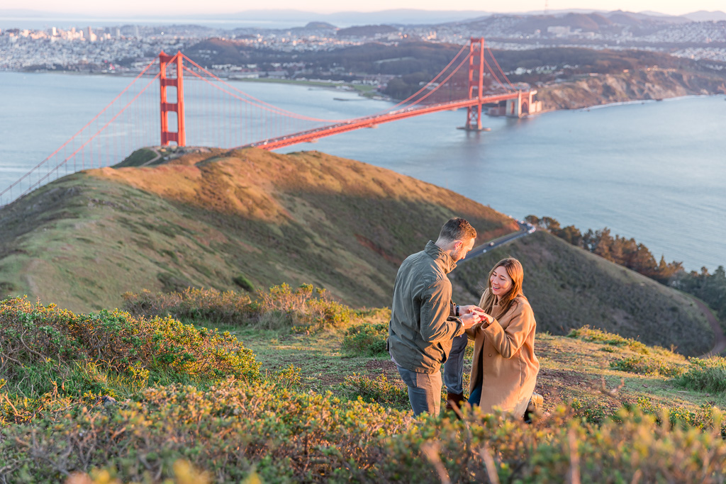incredible sunset surprise proposal at Golden Gate Bridge