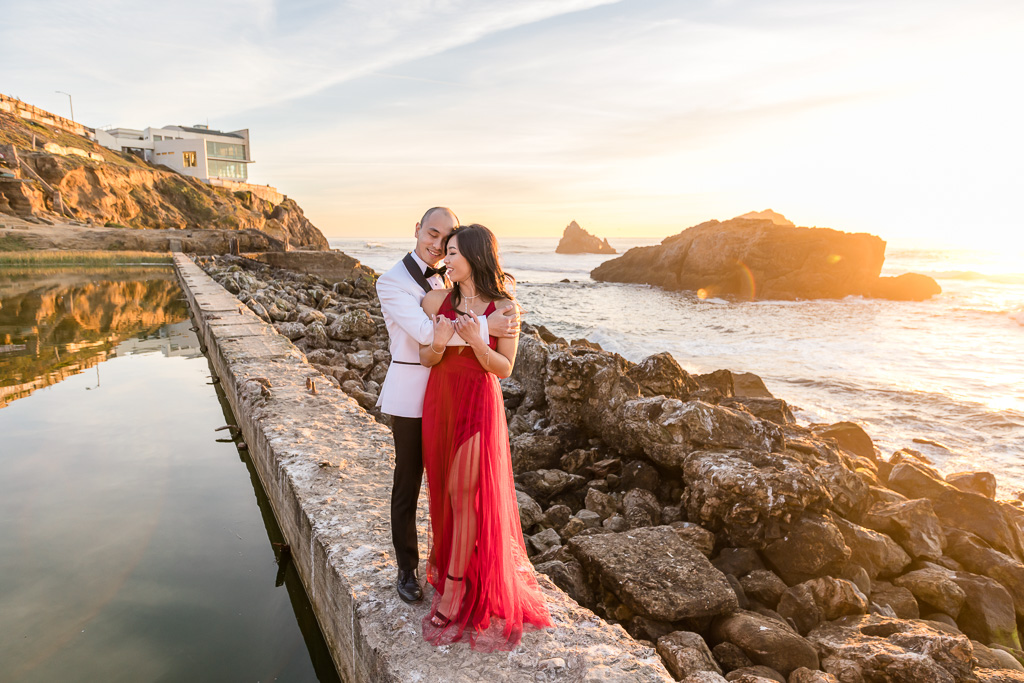gorgeous red gown in engagement photos