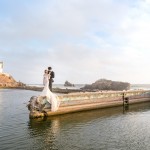 wedding photo in wedding dress by the water in San Francisco