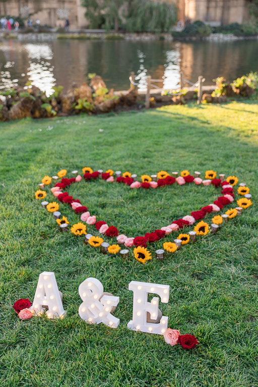 flower heart setup with big light-up letters