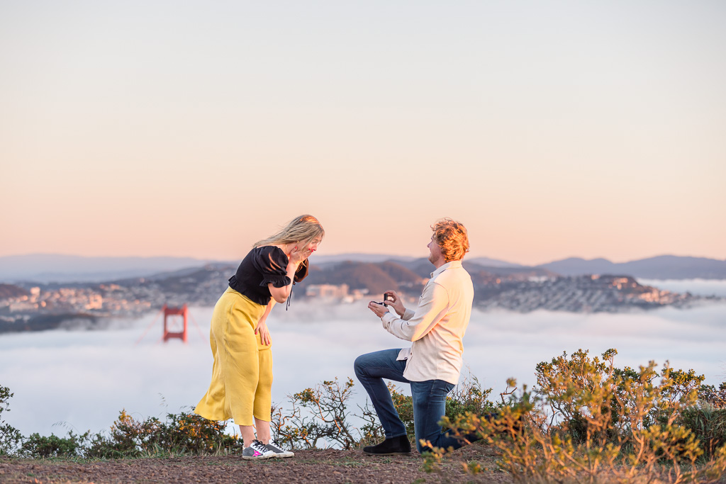 ultra romantic SF mountaintop surprise proposal during golden sunset