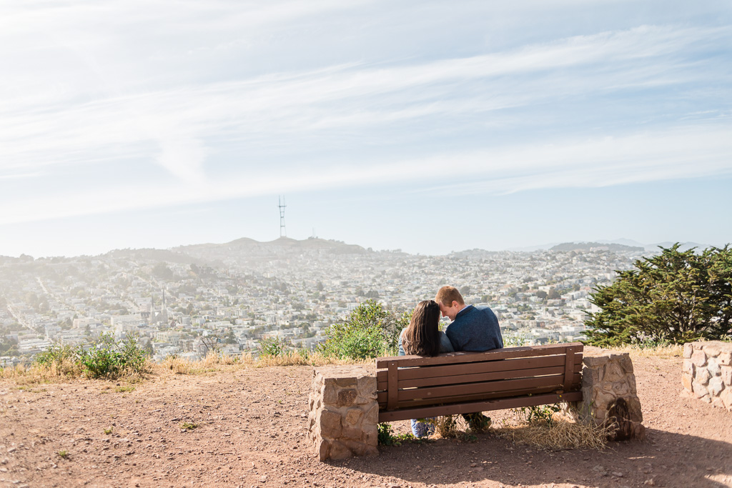 engagement photos at Bernal Heights on park bench