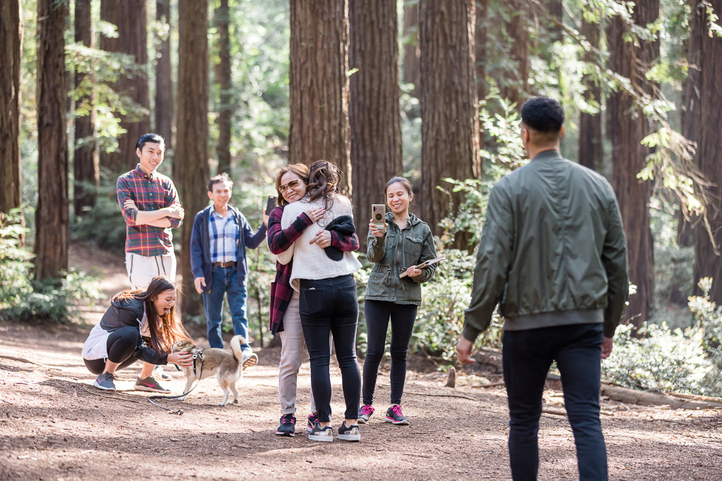 family surprise after surprise proposal in redwood forest park