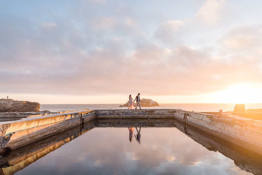 sunset reflecting pool engagement photos at Land's End by the ocean