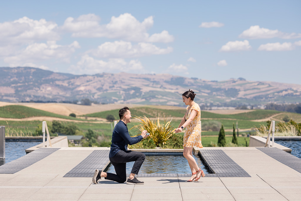 modern winery surprise proposal with rolling hills and mountain view