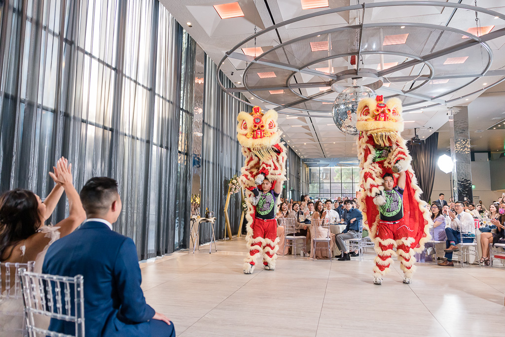 epic Chinese lion dance at weddnig reception in The Glass House San Jose