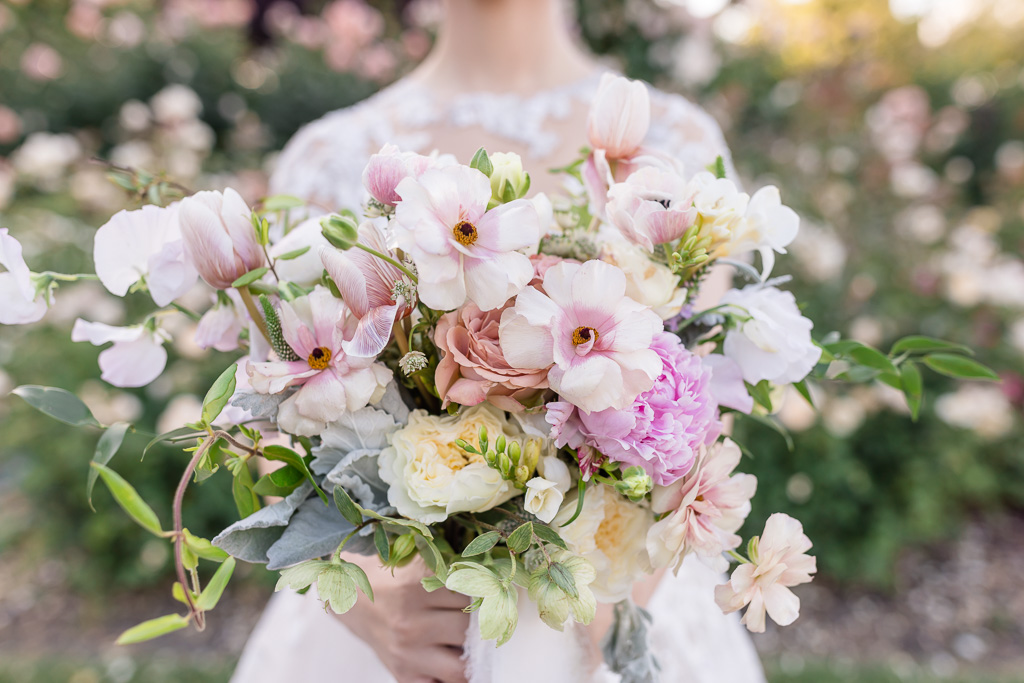 pastel colored wedding bouquet at Heather Farm