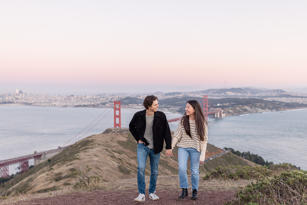 Marin Headlands casual engagement photos with San Francisco in the background