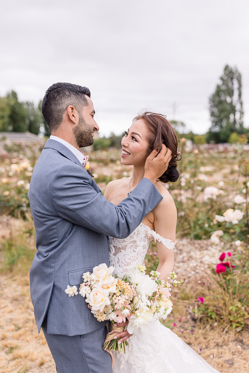 wedding photo of bride and groom at Garden Valley Ranch flower garden