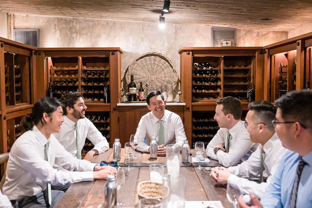 groom and groomsmen at Viansa wine cellar room