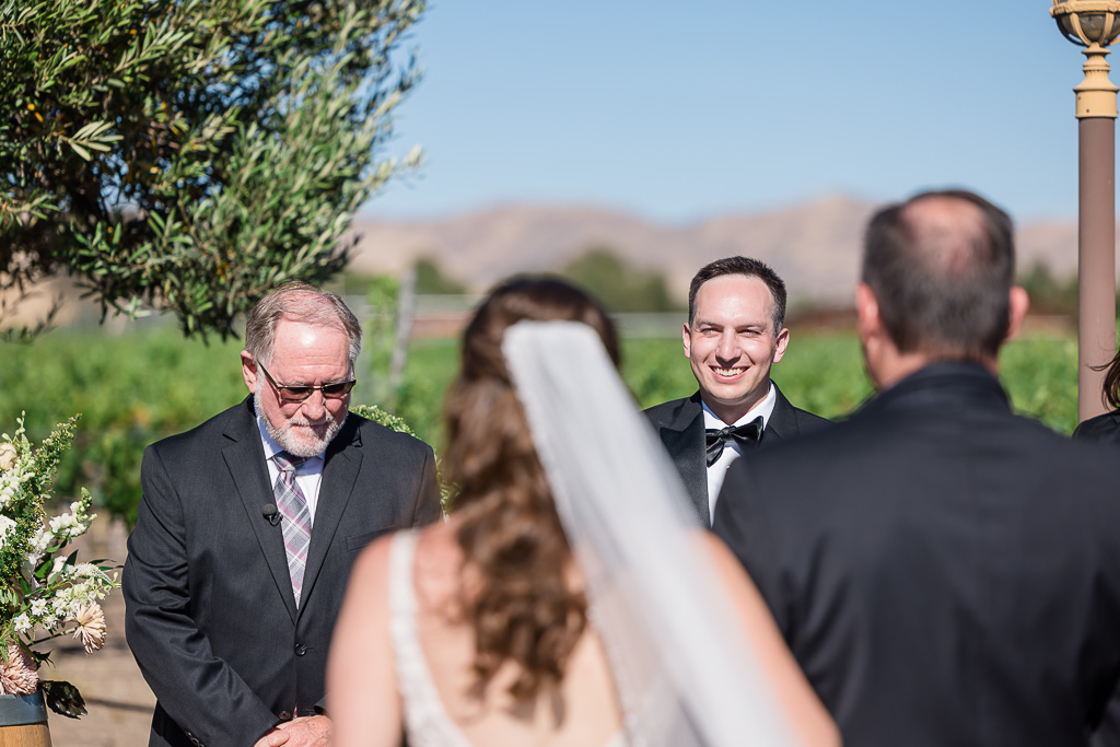 groom looking at bride during wedding processional
