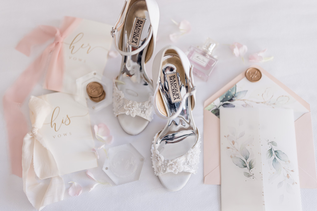 coral blush wedding invitation suite shoes details