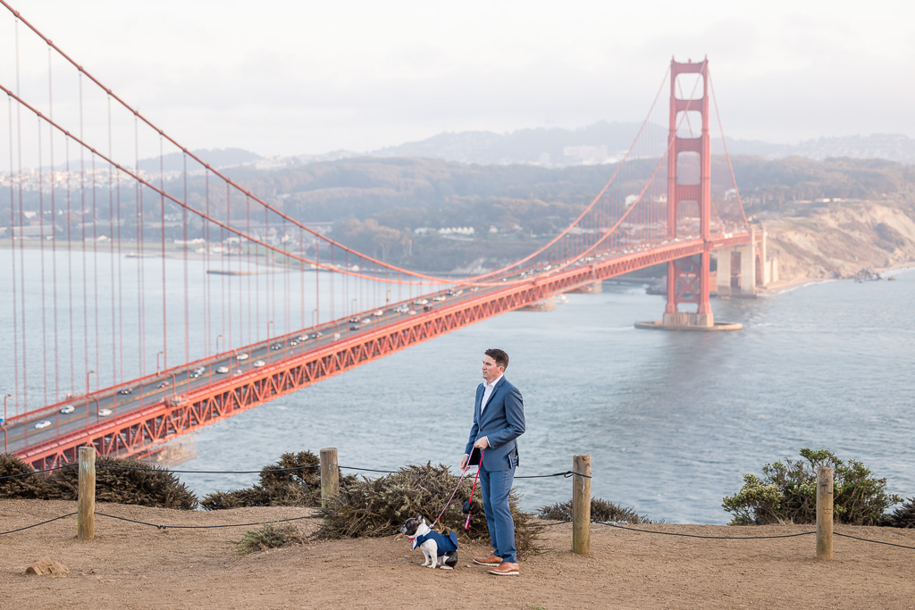 groom and dog wearing tux at Golden Gate Bridge