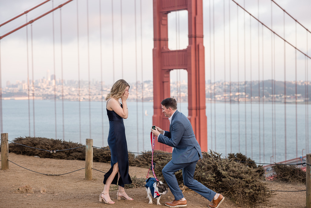 Golden Gate Bridge surprise engagement proposal with puppy