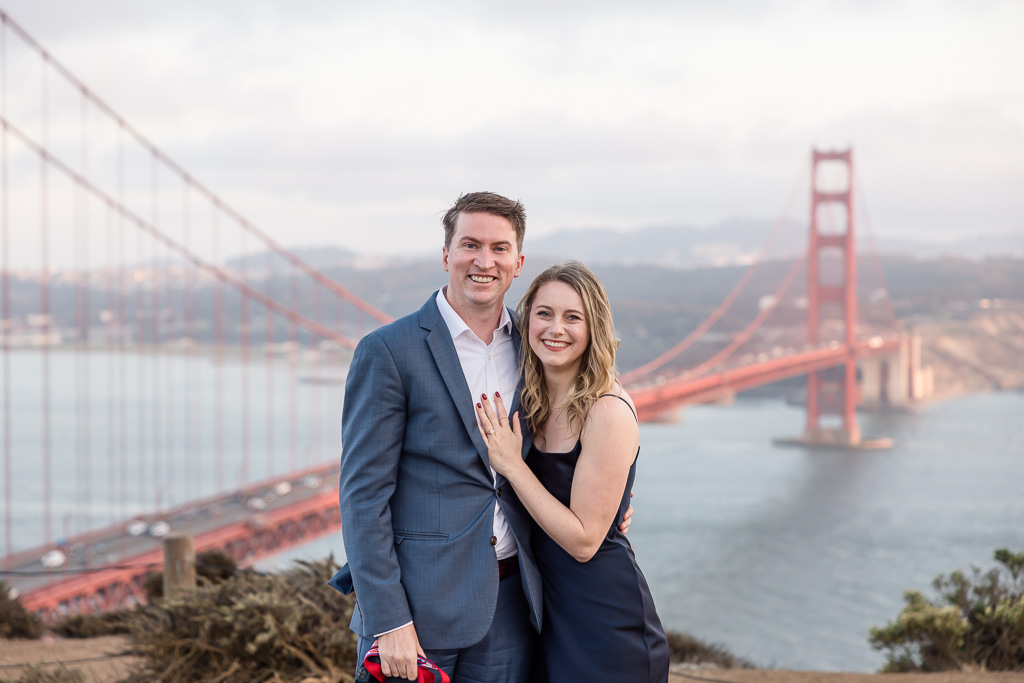 gorgeous couple at Golden Gate Bridge during sunset