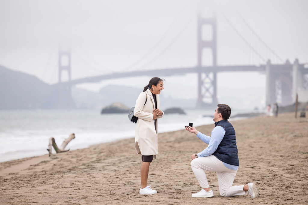 foggy Golden Gate Bridge surprise engagement