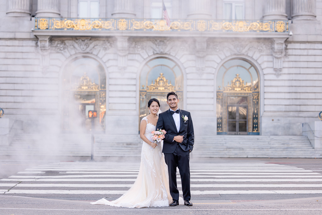wedding photo with steam on the streets of San Francisco
