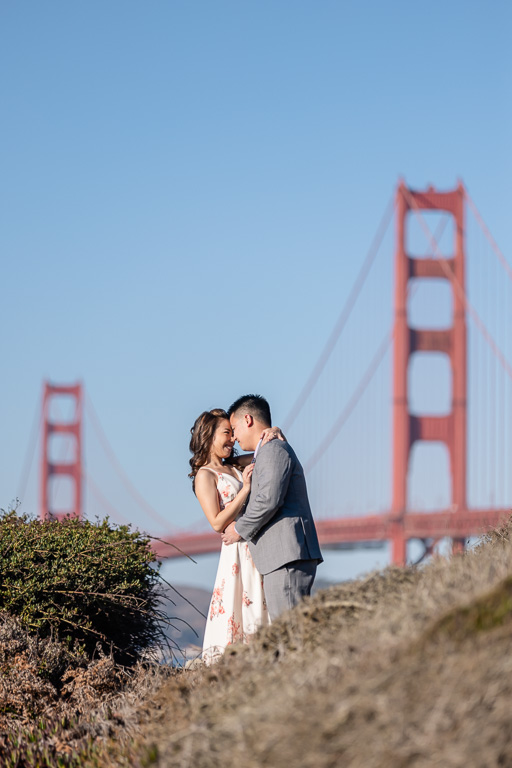 unique perspective Golden Gate Bridge engagement shot