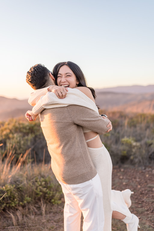 happy fun sunset hour engagement photos in the Marin Headlands