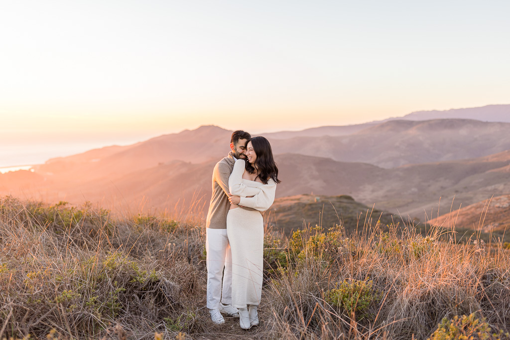 romantic engagement photos in the hills of Marin at golden sunset hour