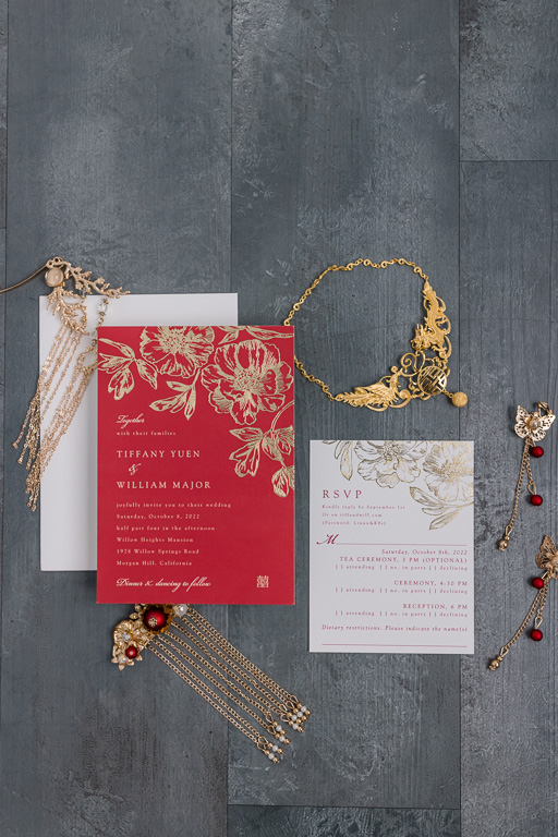 flat lay with red and gold Asian theme