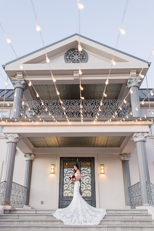 bridal portrait on the steps of Willow Heights Mansion