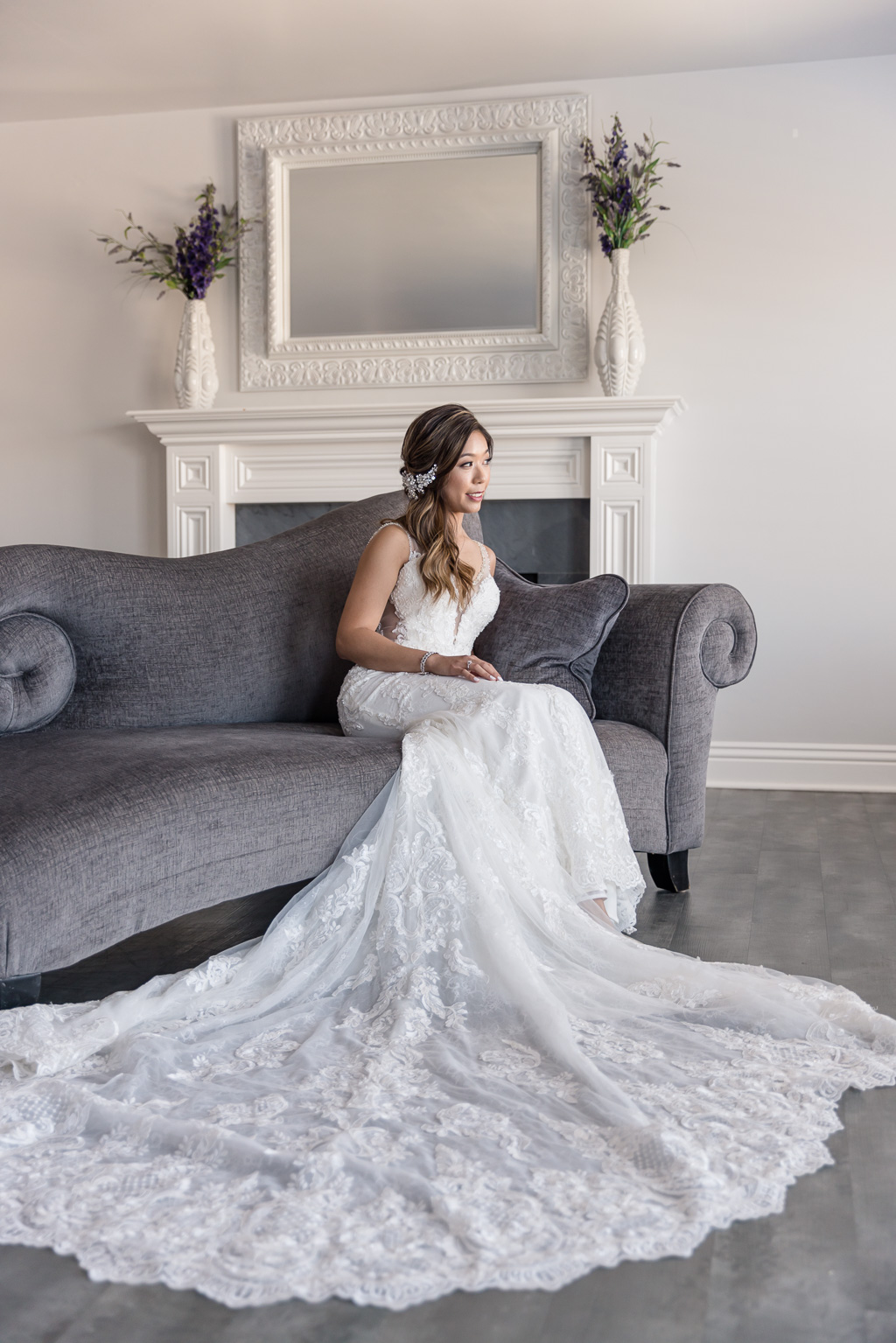 bride solo on sofa at Willow Heights