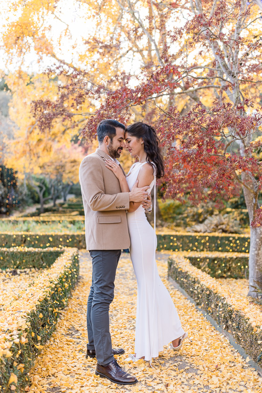 fall-colored engagement photos with orange and yellow leaves at Filoli