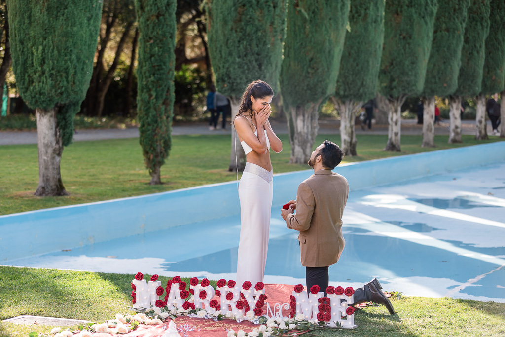 cute reaction shot of surprise proposal at Pulgas Water Temple