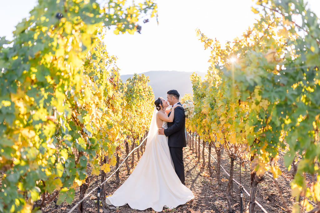 romantic, sun-kissed wedding photo of the bride and groom in the vineyards at Tre Posti in St. Helena