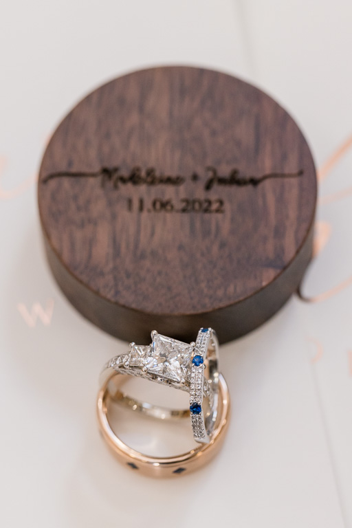 wedding rings with personalized wooden circular ring box