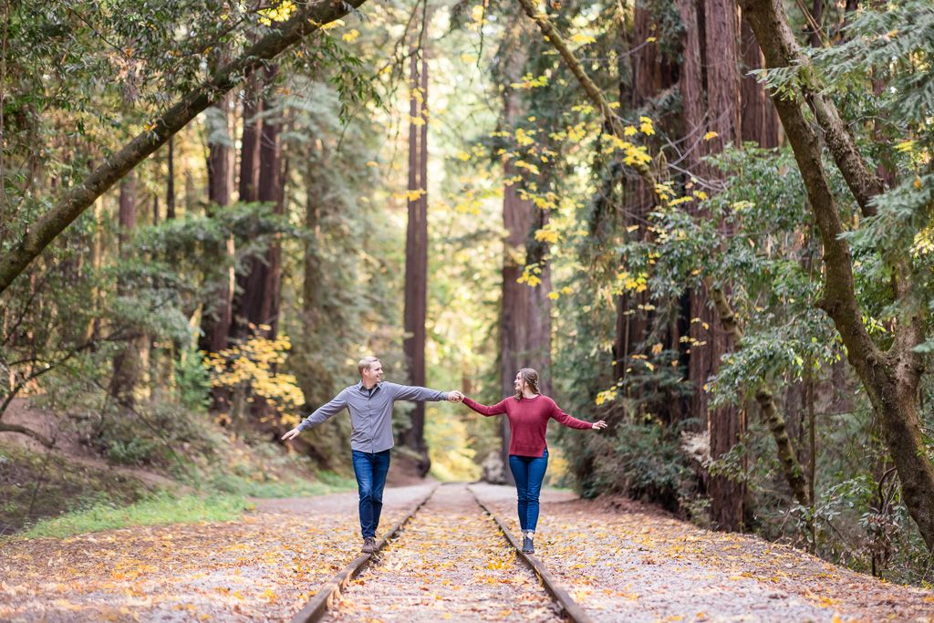 Henry Cowell Redwoods engagement photos with colorful autumn colors and leaves