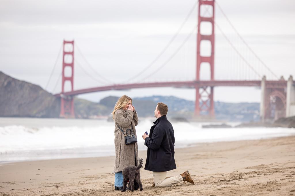 Baker Beach surprise proposal with cute dog