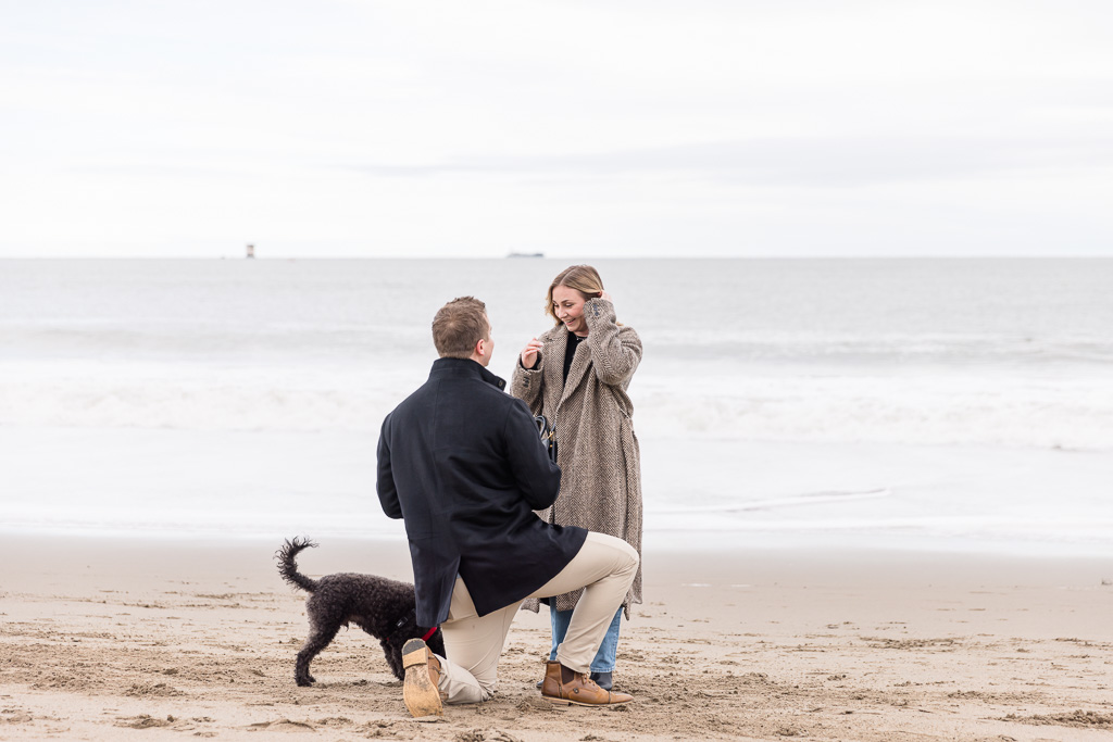 surprise proposal with dog next to mom and dad