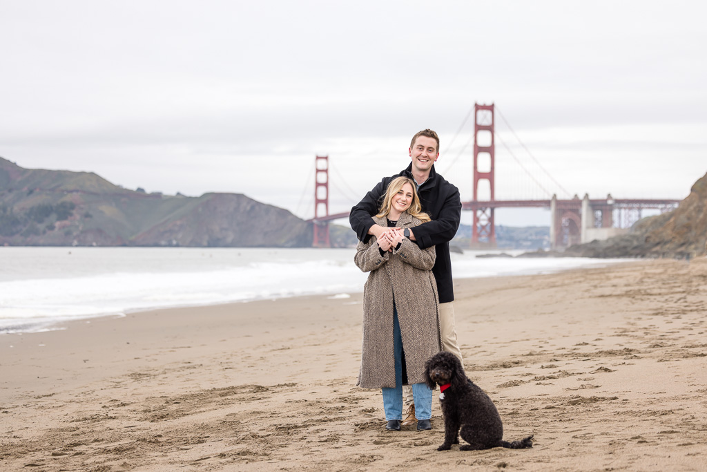 engagement photos with dog at Golden Gate Bridge beach