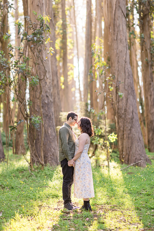 engagement photos in the woods in Presidio under magical light