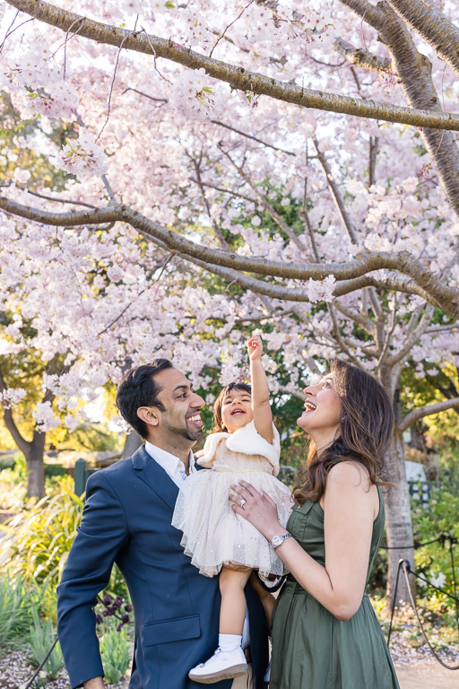 Family photos in the spring under tree flower blossoms
