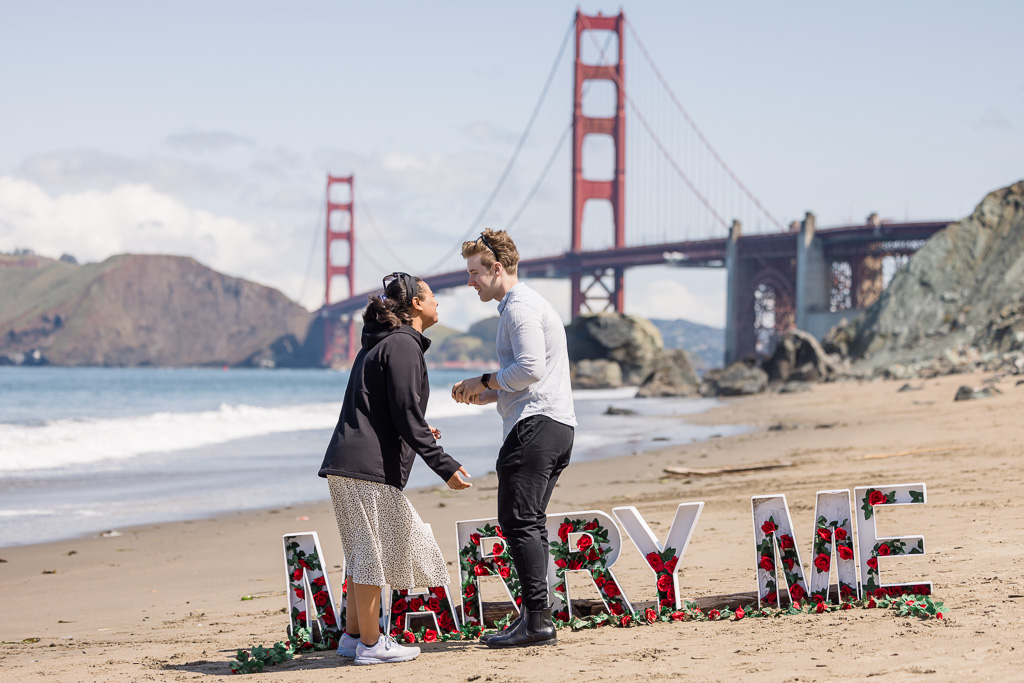 Golden Gate Bridge proposal with marry me letters