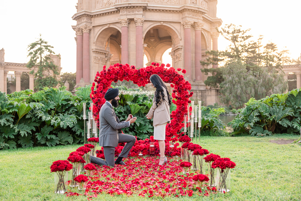 Palace of Fine Arts heart-shaped rose arch surprise proposal