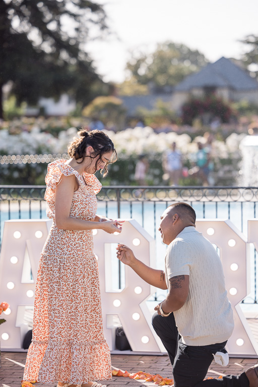 surprise proposal in front of fountain