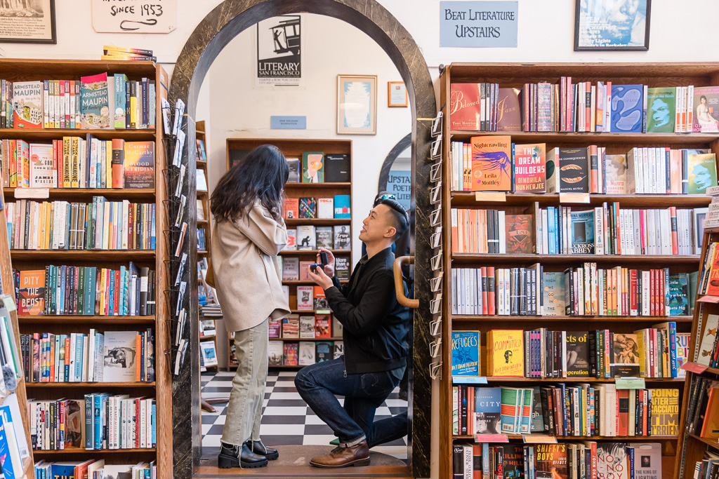 City Lights Bookstore surprise proposal under archway