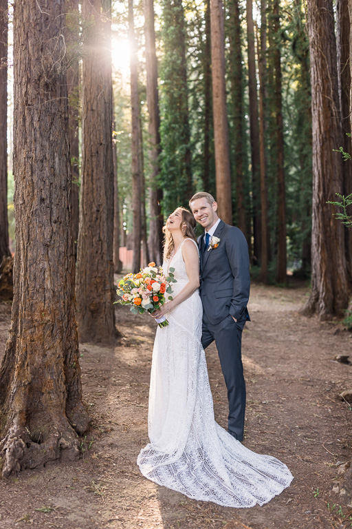 redwoods wedding portrait of bride and groom laughing