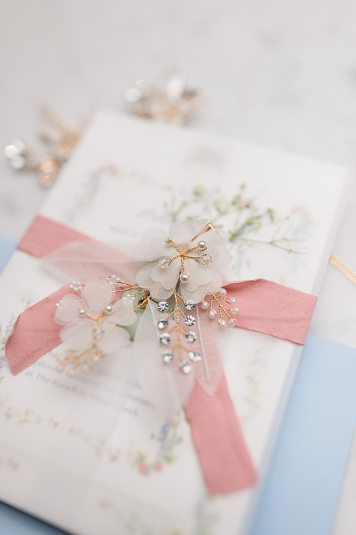 light blue and salmon wedding invitation suite